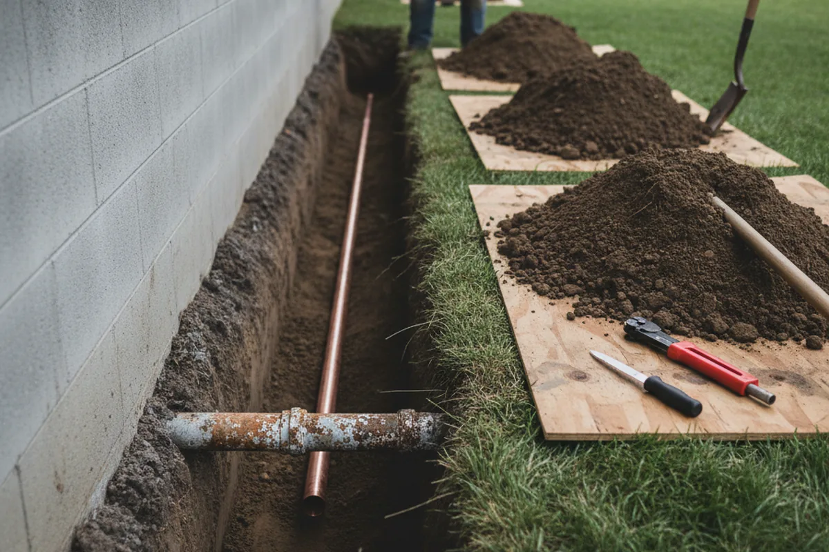 Excavated water line trench during Water Softener Installation in Barnstable